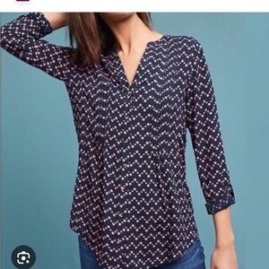 Anthropology Maeve Navy and Pink Geometric Blouse